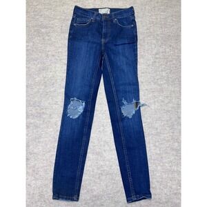 Free People Women's Jeans Size 25R Dark Wash Distressed Ripped Knee Skinny‎